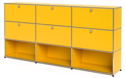 USM Haller Highboard XL, Customisable, Golden yellow RAL 1004, With 3 drop-down doors, With 3 drop-down doors, Open