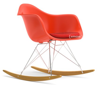 Eames Plastic Armchair RE RAR with Upholstery, Poppy Red, With seat upholstery, Coral / poppy red , Without border welting, Chrome/yellowish maple