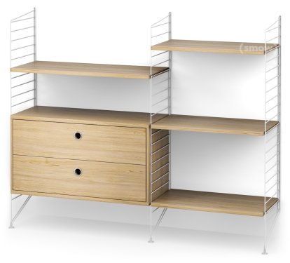 String System Floor Shelf with Drawers, White, Oak veneer