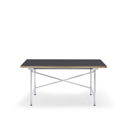 Eiermann 1 Table M (Mechanical Height Adjustment), Linoleum charcoal (Forbo 4166) with oak edge, 140 x 80 cm, Chrome