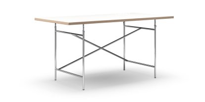 Eiermann Table, White melamine with oak edge, 160 x 80 cm, Chrome, Angled, offset (Eiermann 1), 110 x 66 cm