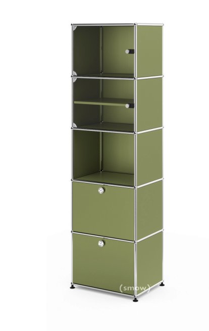 USM Haller Vitrine, H 179 x W 53 x D 38 cm, Olive green RAL 6003, No locks