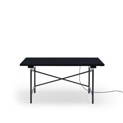 Eiermann 1 Table E (Electric Height Adjustment), Linoleum black with black edge (Forbo 4023), 140 x 80 cm, Black, With cable duct