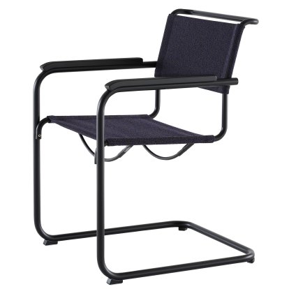 S 33 / S 34 V Fabric Cantilever Chair, Armrests black stained beech, Deep black matt powder coated, Fabric Cento deep - dark blue, Black plastic glides with felt