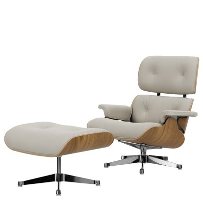 Eames Lounge Chair & Ottoman, Walnut with white pigmentation, Leather Premium F snow, 89 cm, Aluminium polished