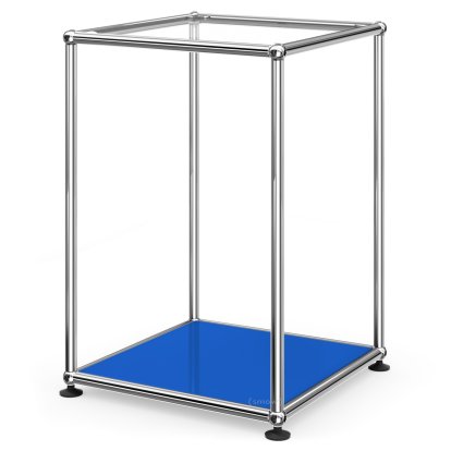 USM Haller Side Table 35 High, Upper panel glass, lower panel metal, Gentian blue RAL 5010