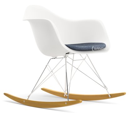 Eames Plastic Armchair RE RAR with Upholstery, White non-RE, With seat upholstery, Dark blue / ivory, Without border welting, Chrome/yellowish maple