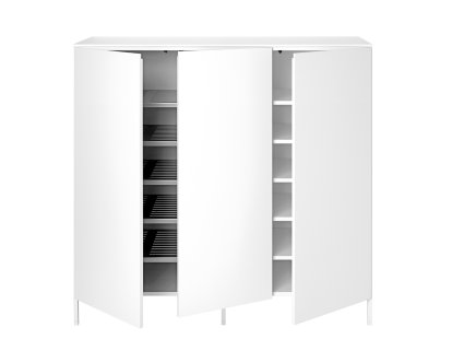 Urban Sideboard, With 3 doors, Perforated shoe shelves left / shelves right, With leg frame