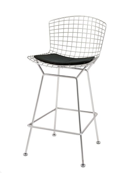 Bertoia Barstool, with cushion, satin chrome-plated, Black (Tonus 128)
