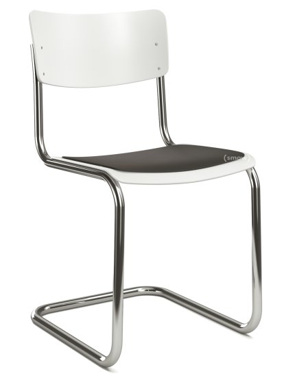 S 43 Classic Cantilever Chair, Chrome-plated frame, Lacquered beech, Pure white (RAL 9010), Seat pad without upholstery black, Black plastic glides with felt