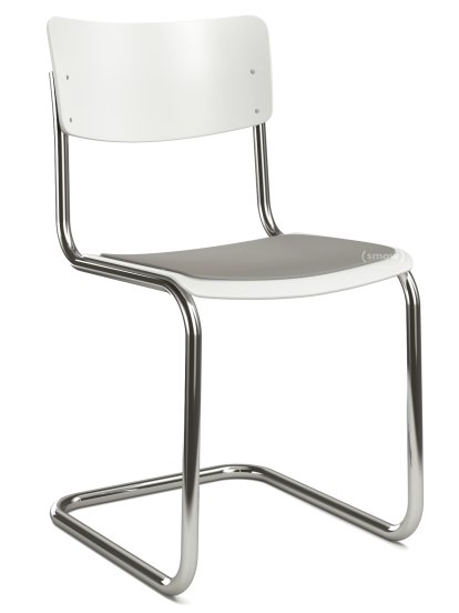 S 43 Classic Cantilever Chair, Chrome-plated frame, Lacquered beech, Pure white (RAL 9010), Seat pad without upholstery light grey melange, Black plastic glides with felt