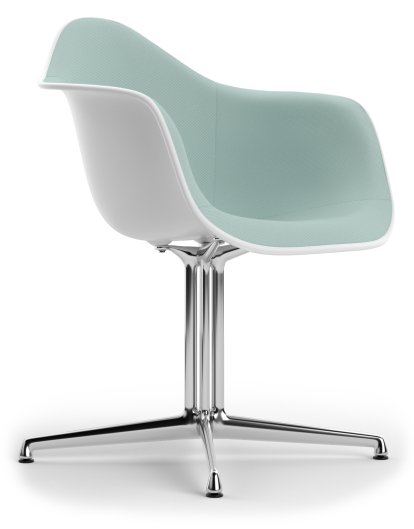 Eames Plastic Armchair RE DAL, Cotton white, With full upholstery, Ice blue / ivory, Aluminium polished, New seat height (43,0 cm)