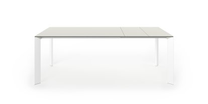 Nori dining table, Laminate sand grey, L 139-214 x W 90 cm, Aluminium with white lacquer