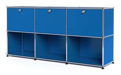 USM Haller Sideboard 50, Customisable, Gentian blue RAL 5010, With 3 drop-down doors, Open