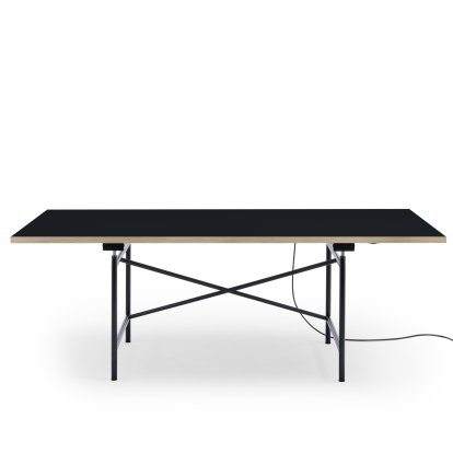 Eiermann 1 Table E (Electric Height Adjustment), Linoleum black (Forbo 4023) with oak edge, 200 x 90 cm, Black, Without cable duct
