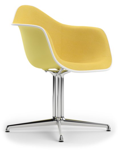 Eames Plastic Armchair DAL, Citron, With full upholstery, Yellow / ivory, Aluminium polished, New seat height (43,0 cm)