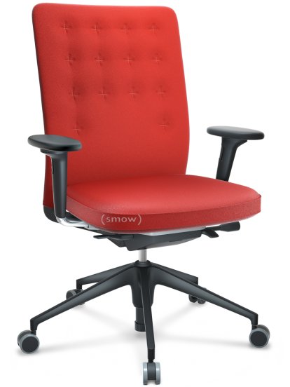 ID Trim, With lumbar support, FlowMotion-without tilt mechanism, without seat depth adjustment, With 2D armrests, 5 star foot , basic dark plastic, Seat and back Plano, Poppy red, Soft castors for hard floor surfaces