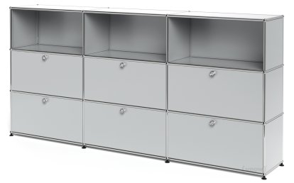 USM Haller Highboard XL, Customisable, Light grey RAL 7035, Open, With 3 drop-down doors, With 3 drop-down doors
