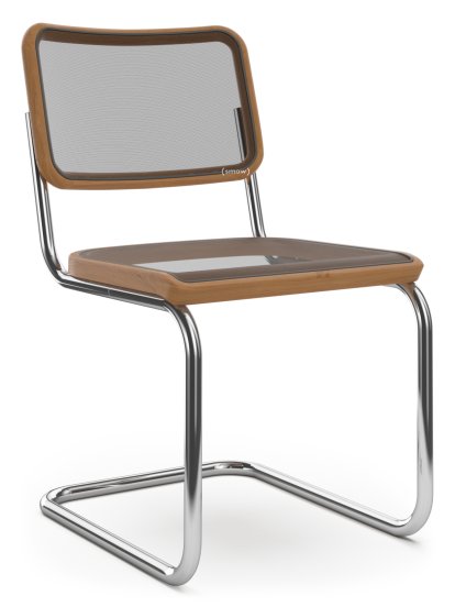 S 32 / S 32 N Cantilever Chair, Stretched synthetic netting, Cherry stained beech, Black plastic glides with felt