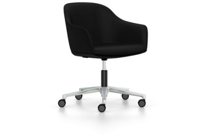 Softshell Chair with five star base, Aluminium polished, Plano, Nero, Hard castors for carpets