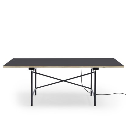 Eiermann 1 Table E (Electric Height Adjustment), Linoleum charcoal (Forbo 4166) with oak edge, 200 x 90 cm, Black, With cable duct