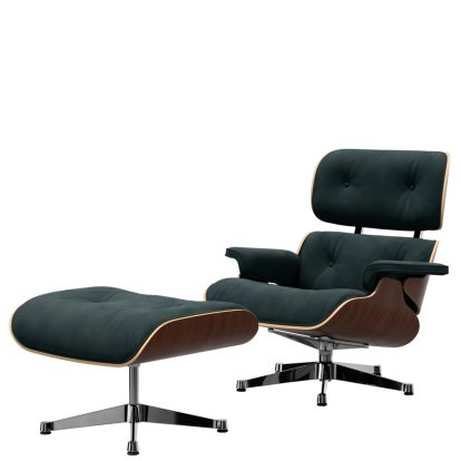 Eames Lounge Chair & Ottoman Calma, Dark walnut, Calma, pine green, 84 cm - Original height 1956, Aluminium polished