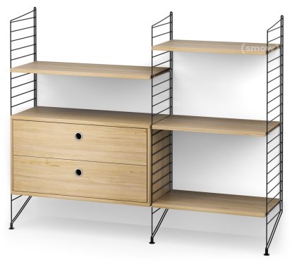 String System Floor Shelf with Drawers, Black, Oak veneer