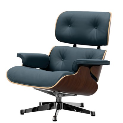 Eames Lounge Chair, Dark walnut, Leather Premium F smoky blue, 84 cm - Original height 1956, Aluminium polished