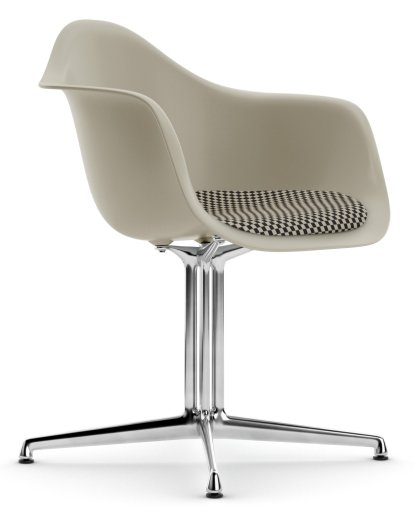 Eames Plastic Armchair DAL, Pebble, With seat upholstery, Checker, Aluminium polished, New seat height (43,0 cm)