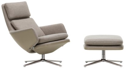 Grand Relax Lounge Chair, With Ottoman, Cosy fabric, fossil / Leather Forte, sand, Polished, 46,5 cm
