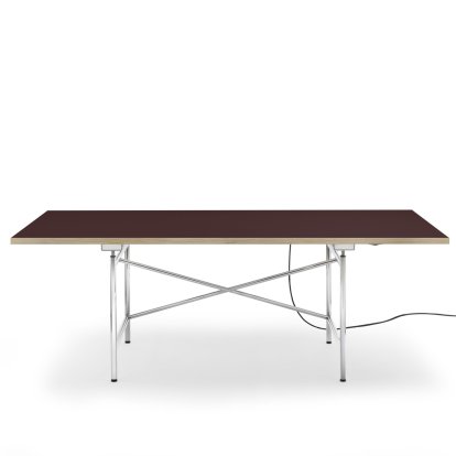 Eiermann 1 Table E (Electric Height Adjustment), Linoleum burgundy (Forbo 4154) with oak edge, 200 x 90 cm, Chrome, Without cable duct