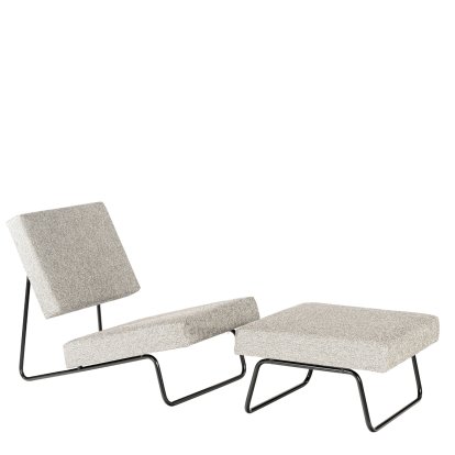 Hirche Lounge Chair, Fabric, salt & pepper, Powder-coated, black, with footstool