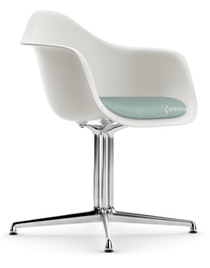 Eames Plastic Armchair RE DAL, White non-RE, With seat upholstery, Ice blue / ivory, Aluminium polished, New seat height (43,0 cm)