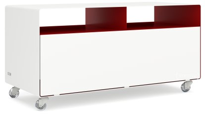 TV Lowboard R 108, Pure white (RAL 9010) - Ruby red (RAL 3003), Transparent castors
