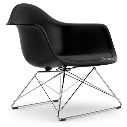 Eames Plastic Armchair RE LAR, Deep black, Seat upholstery dark grey, Chrome-plated