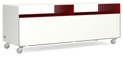 TV Lowboard R 109, Bicoloured, Pure white (RAL 9010) - Ruby red (RAL 3003), Industrial castors