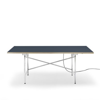 Eiermann 1 Table E (Electric Height Adjustment), Linoleum smokey blue (Forbo 4179) with oak edge, 180 x 90 cm, Chrome, With cable duct