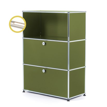 USM Haller E Highboard M with 2 Drop-down Doors and Compartment Lighting, Olive green RAL 6003, Warm white