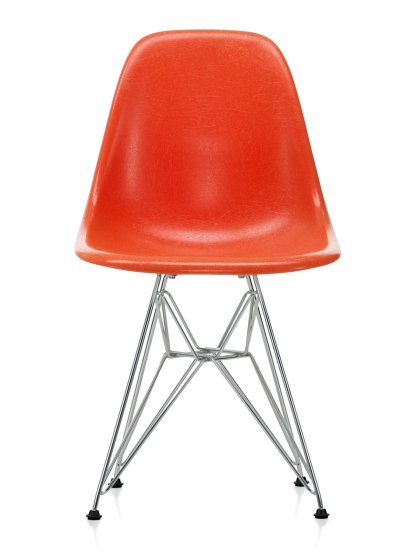 Eames Fiberglass Chair DSR, Eames red orange, Polished chrome