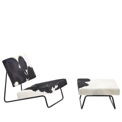 Hirche Lounge Chair, Cowhide, black/white, Powder-coated, black, with footstool