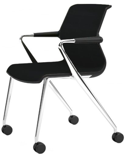 Unix Chair with Four-legged Base on Castors, Silk Mesh nero, Basic dark, Aluminium polished