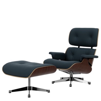 Eames Lounge Chair & Ottoman, Dark walnut, Leather Premium F smoky blue, 89 cm, Aluminium polished