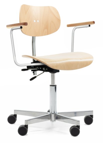 S 197 R20 Swivel Chair, With armrests, Natural beech, Chrome plated/polished aluminum, Standard castors black for carpet