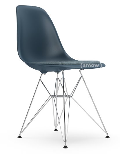 Eames Plastic Side Chair RE DSR, Sea blue, With seat upholstery, Ice blue / moor brown, Standard version - 43 cm, Chrome-plated