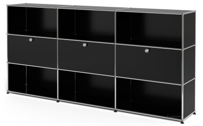 USM Haller Highboard XL, Customisable, Graphite black RAL 9011, Open, With 3 drop-down doors, Open
