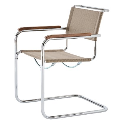 S 33 / S 34 V Fabric Cantilever Chair, Armrests oiled walnut, Chrome-plated, Fabric Nobel 61297 - beige, No glides