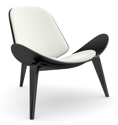 CH07 Shell Chair, Black lacquered oak, Leather white