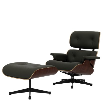 Eames Lounge Chair & Ottoman, Dark walnut, Leather Premium F umbra grey, 84 cm - Original height 1956, Aluminium polished, sides black