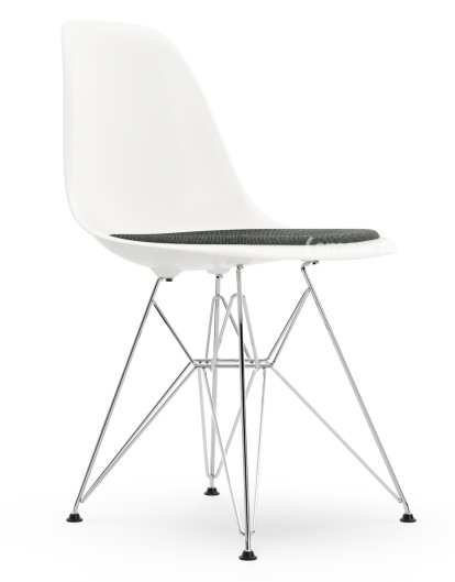 Eames Plastic Side Chair DSR, White RE, With seat upholstery, Nero / ivory, Standard version - 43 cm, Chrome-plated