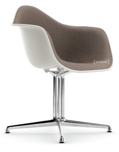 Eames Plastic Armchair RE DAL, White non-RE, With full upholstery, Warm grey / moor brown, Aluminium polished, New seat height (43,0 cm)